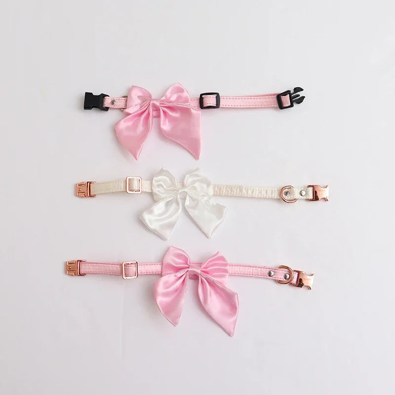 Silk Pink Dog Collar Adjustable Collar for Girl  Puppy Kitten Cats Big Bow White Pet Collar with Metal Buckle Pet Accessories