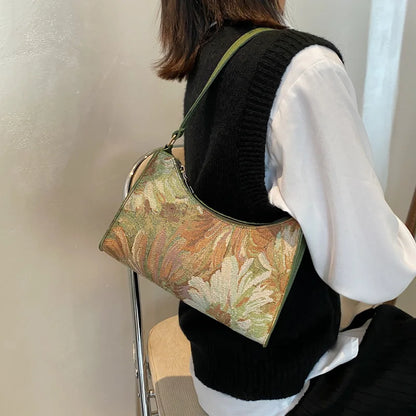 Fashion Vintage Women Oil Painting Design Shoulder Bags Ladies Simple Flower Female Armpit Hobos Bags Small Clutch Handbag Totes
