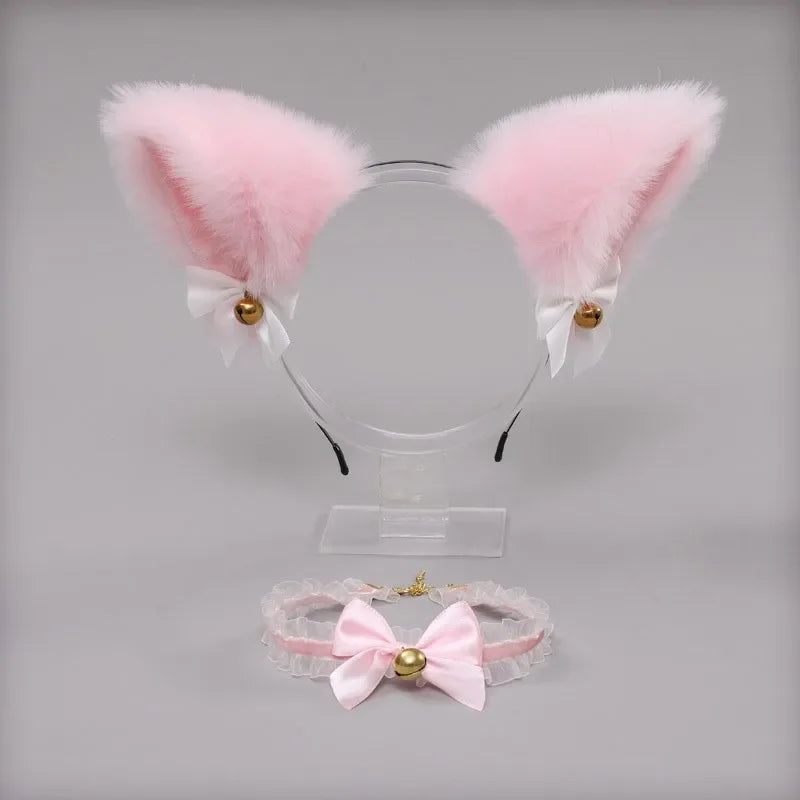 Cat Ear Bow Headband Necklace Cat Claw Gloves Cosplay Plush Bell Hairband Women Girl Masquerade Party Headwear Hair Accessories