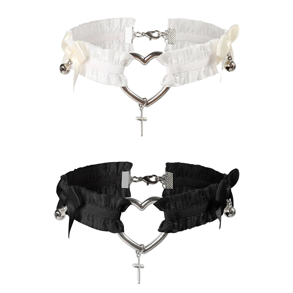 Gothic Lace Garter Belt Heart Bowknot Black White Elastic Choker Strap Cosplay Bondage Lingerie Harness Cross Lolita Leg Garters