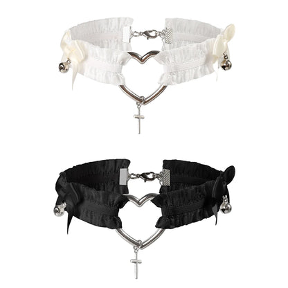 Gothic Lace Garter Belt Heart Bowknot Black White Elastic Choker Strap Cosplay Bondage Lingerie Harness Cross Lolita Leg Garters