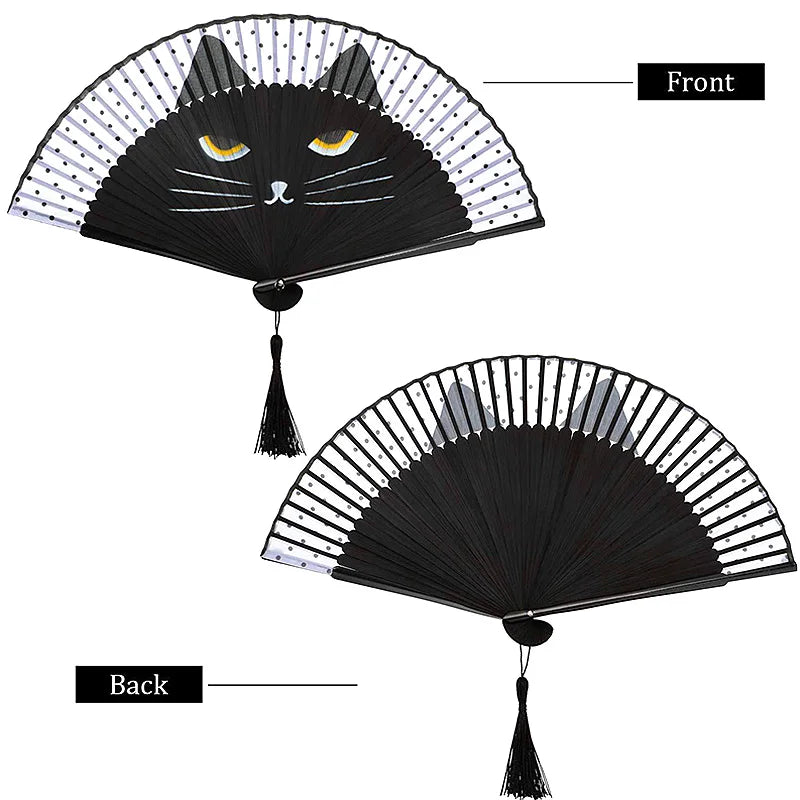 Japanese Style Cat Pattern Bamboo Folding Fan Women Lovely Cartoon Kitty Hand Fans Kimono Bathrobe Handheld Fan