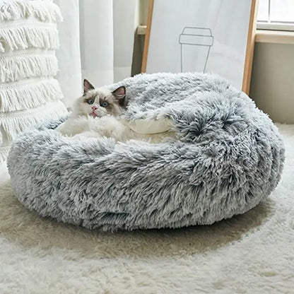 冬用ロングプラッシュペットキャットベッド ラウンドキャットクッションハウス 暖かいキャットバスケット キャットスリープバッグ キャットネストケンネル 2 in 1 小型犬 猫用