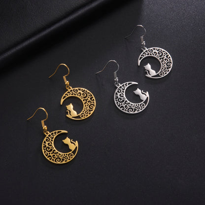 Cazador Cute Cat Kitten Crescent Moon Earrings for Women 2024 Stainless Steel Filigree Drop Earrings Jewelry Birthday Gift 2024