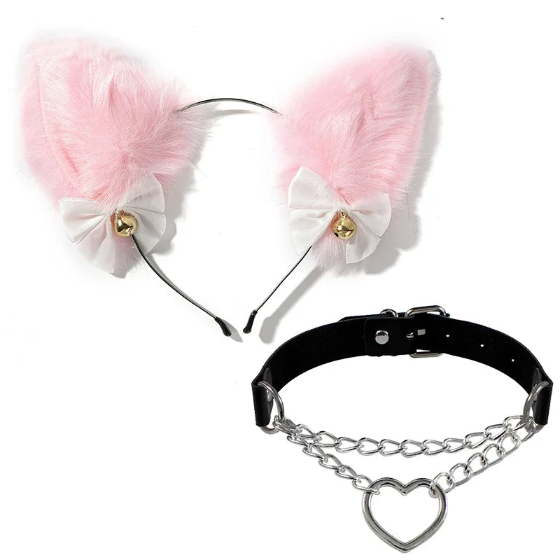 Cat Ear Bow Headband Necklace Cat Claw Gloves Cosplay Plush Bell Hairband Women Girl Masquerade Party Headwear Hair Accessories