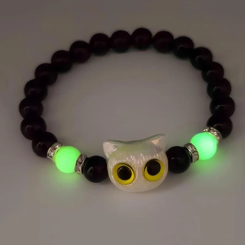 Cute Big Eye Cat Luminous Bracelets For Women Cartoon Animal Pendant Beaded Hand Chain Friendship Couple Bracelet Jewelry Gift