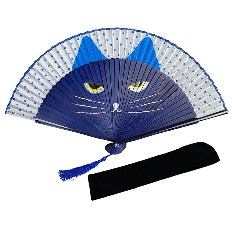 Japanese Style Cat Pattern Bamboo Folding Fan Women Lovely Cartoon Kitty Hand Fans Kimono Bathrobe Handheld Fan