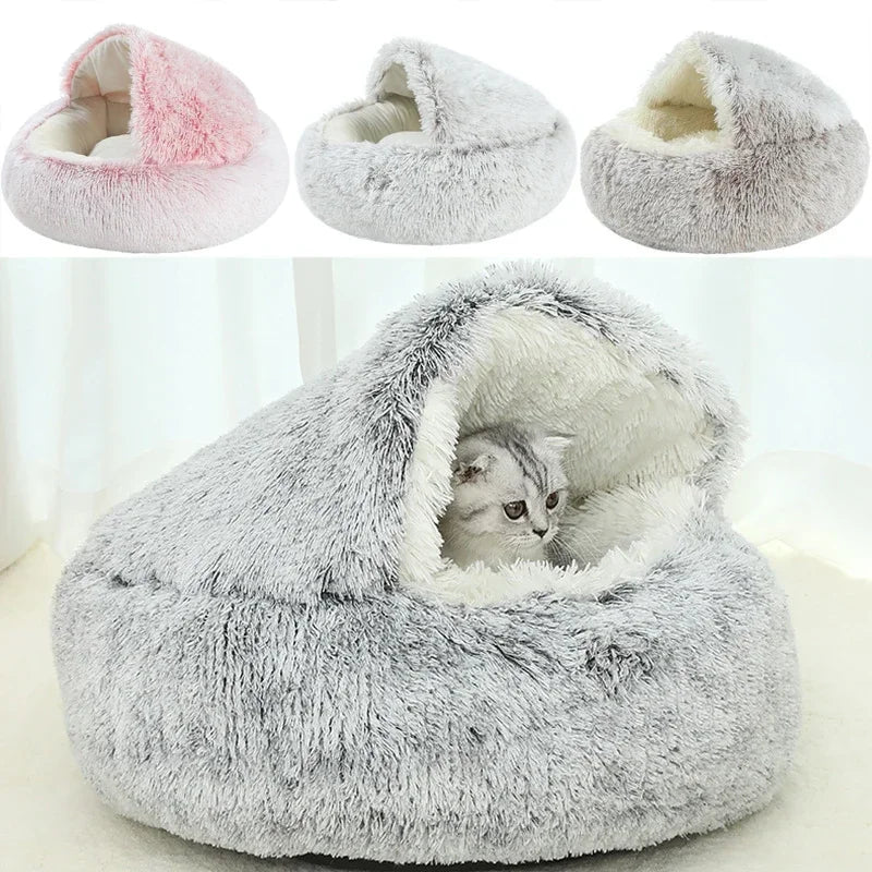 冬用プラッシュペットキャットベッド ラウンドキャットクッション キャットハウス 2 in 1 暖かい猫バスケット ペットスリープバッグ 子猫用巣 小型犬猫用