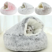 冬用プラッシュペットキャットベッド ラウンドキャットクッション キャットハウス 2 in 1 暖かい猫バスケット ペットスリープバッグ 子猫用巣 小型犬猫用