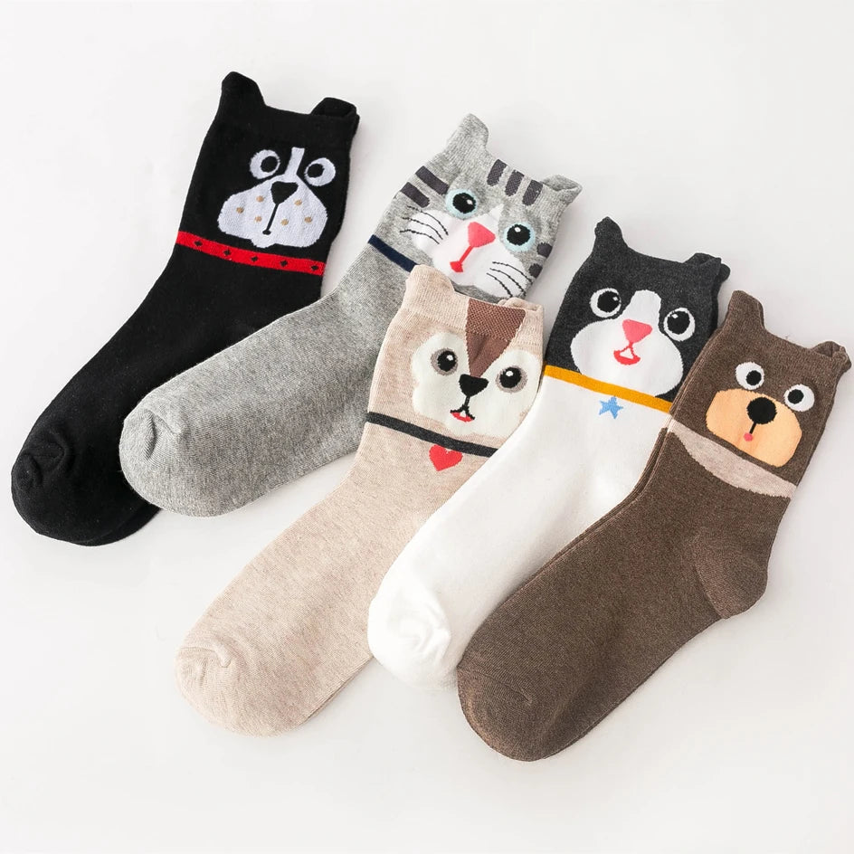 5 Pairs Women Socks Cartoon Cat Cute Funny Personality Soft Comfortable Chrismas Gift High Quality Cotton Socks For Women