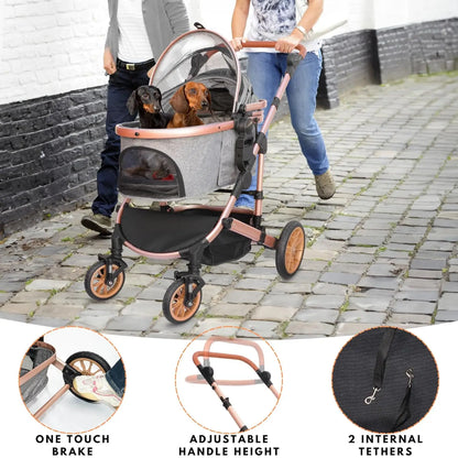 Folding 4 Wheels Dog Trolley Pet Jogger for Small Medium Dogs Travel