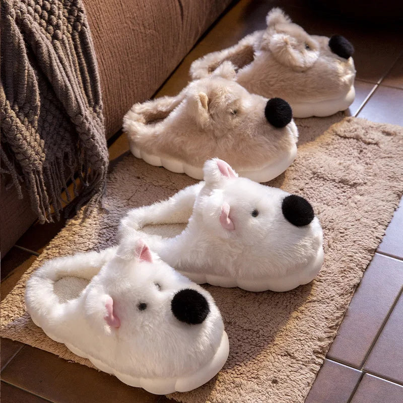 Comwarm Cute Dog Short Plush Slippers For Women 2024 Winter Warm Furry Cotton Shoes Couples Home Indoor Bedroom Cozy Slippers