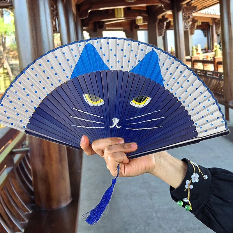 Japanese Style Cat Pattern Bamboo Folding Fan Women Lovely Cartoon Kitty Hand Fans Kimono Bathrobe Handheld Fan