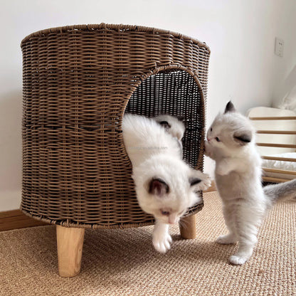 Brown Rattan Cat Cave Bed with Legs, Handwoven Pet Table