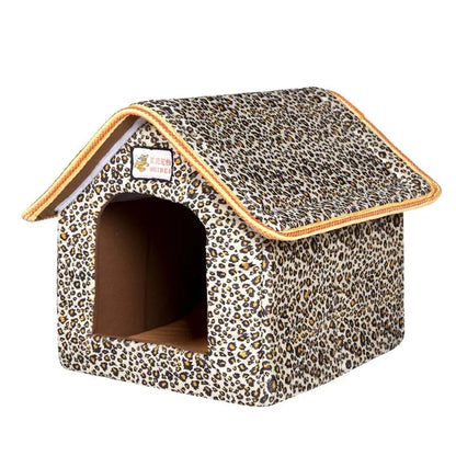Foldable Winter Dog House Bed – Soft Leopard Print Pet Kennel