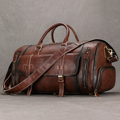 Luufan Genuine Leather Men's Travel Bag With Shoe Pocket Retro Crazy Horse Leather Big Capacity Luggag Bag Business Trip Handbag