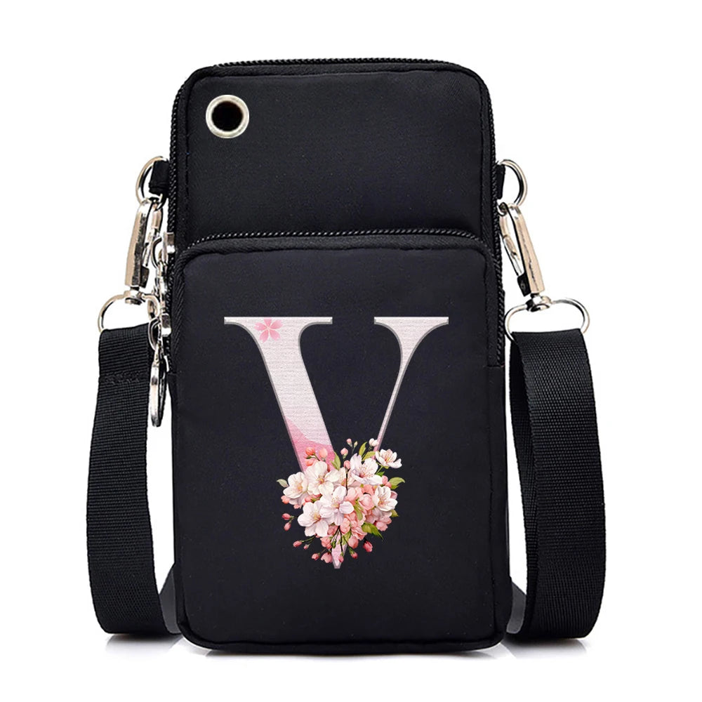 Women‘s Messenger Bag Small Handbag Crossbody Shoulder Wallet for Phone Sakura 26 Alphabet Print Coin Purse Ladies Card Holder