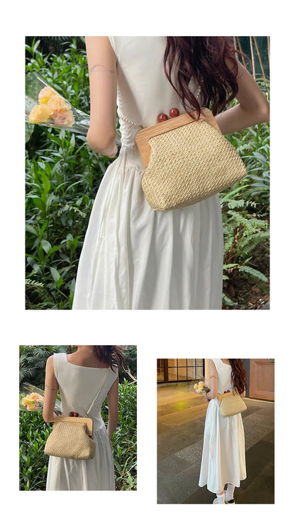 Design Woven Straw Clip Handbags and Purses Shouler Crossbody Bags for Women New Vintage Summer Beach Ladies Messenger Bags