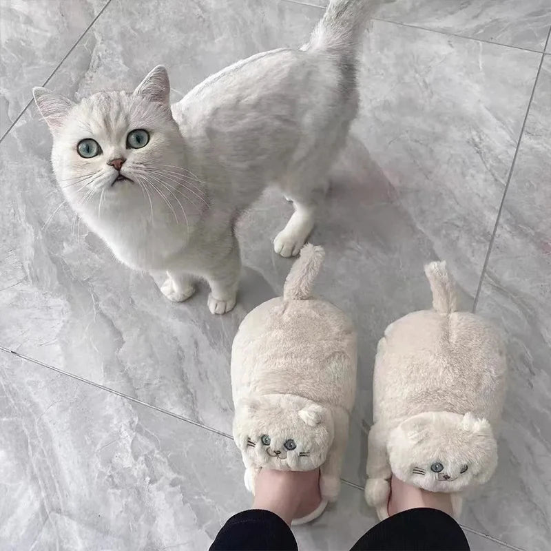 Cute Hug Cat Slippers British Shorthair Cat Design Winter Home Slides Kawaii Floor Shoes Furry Slippers Funny Cute Gift Slippers