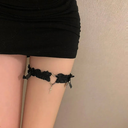 Gothic Lace Garter Belt Heart Bowknot Black White Elastic Choker Strap Cosplay Bondage Lingerie Harness Cross Lolita Leg Garters