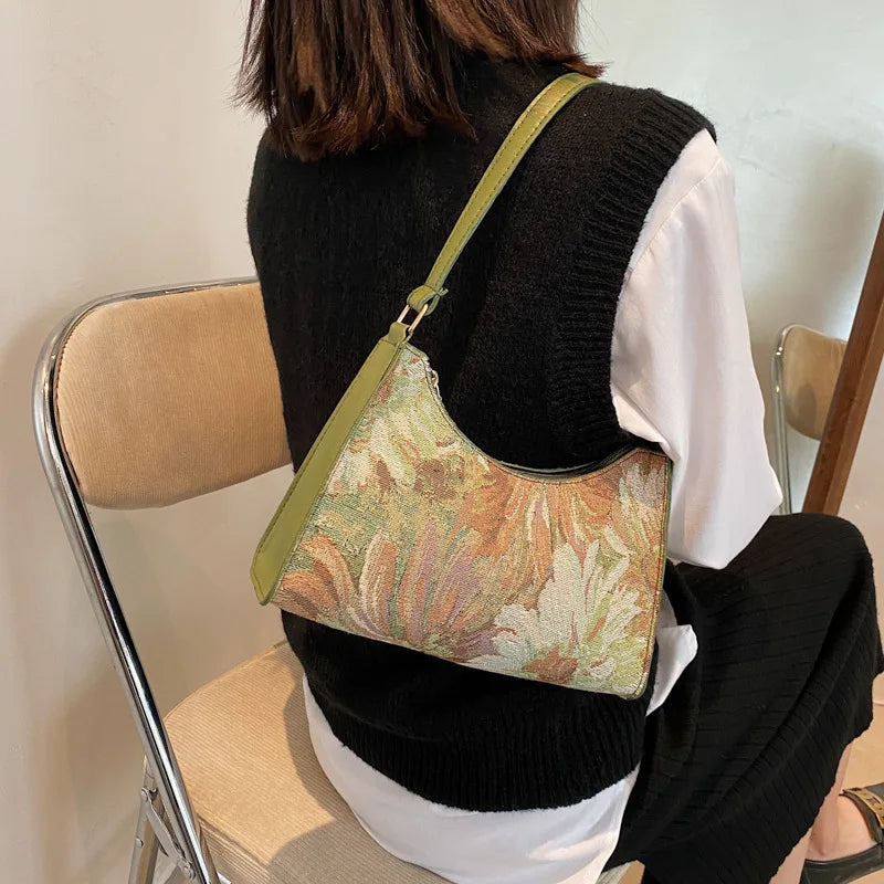 Fashion Vintage Women Oil Painting Design Shoulder Bags Ladies Simple Flower Female Armpit Hobos Bags Small Clutch Handbag Totes