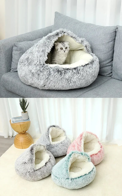冬用プラッシュペットキャットベッド ラウンドキャットクッション キャットハウス 2 in 1 暖かい猫バスケット ペットスリープバッグ 子猫用巣 小型犬猫用