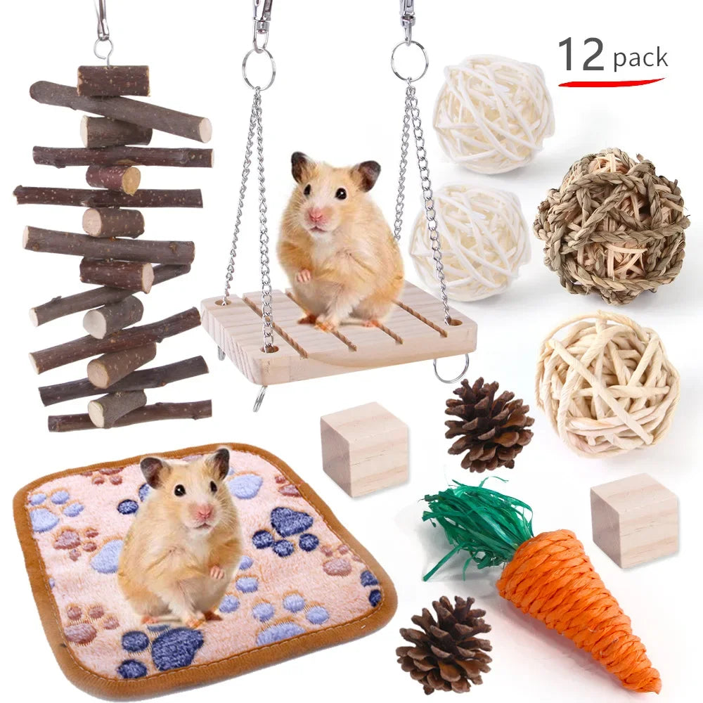 Combination Hamsters Rabbit Rat Toys Hamster Toys Set Pet Rabbit Guinea Pig Parrot Play Molar Wooden Supplies