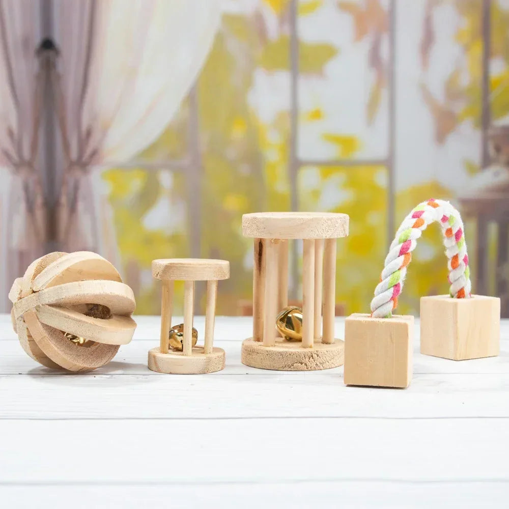 Cute Rabbit Roller Toys Natural Wooden Pine Dumbells Unicycle Bell Chew Toys for Guinea Pigs Rat Small Pet Molars Supplies