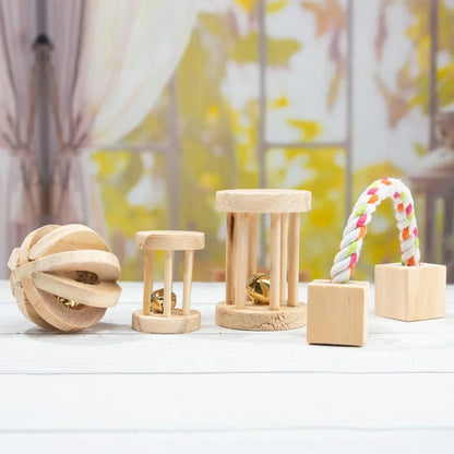 Cute Rabbit Roller Toys Natural Wooden Pine Dumbells Unicycle Bell Chew Toys for Guinea Pigs Rat Small Pet Molars Supplies