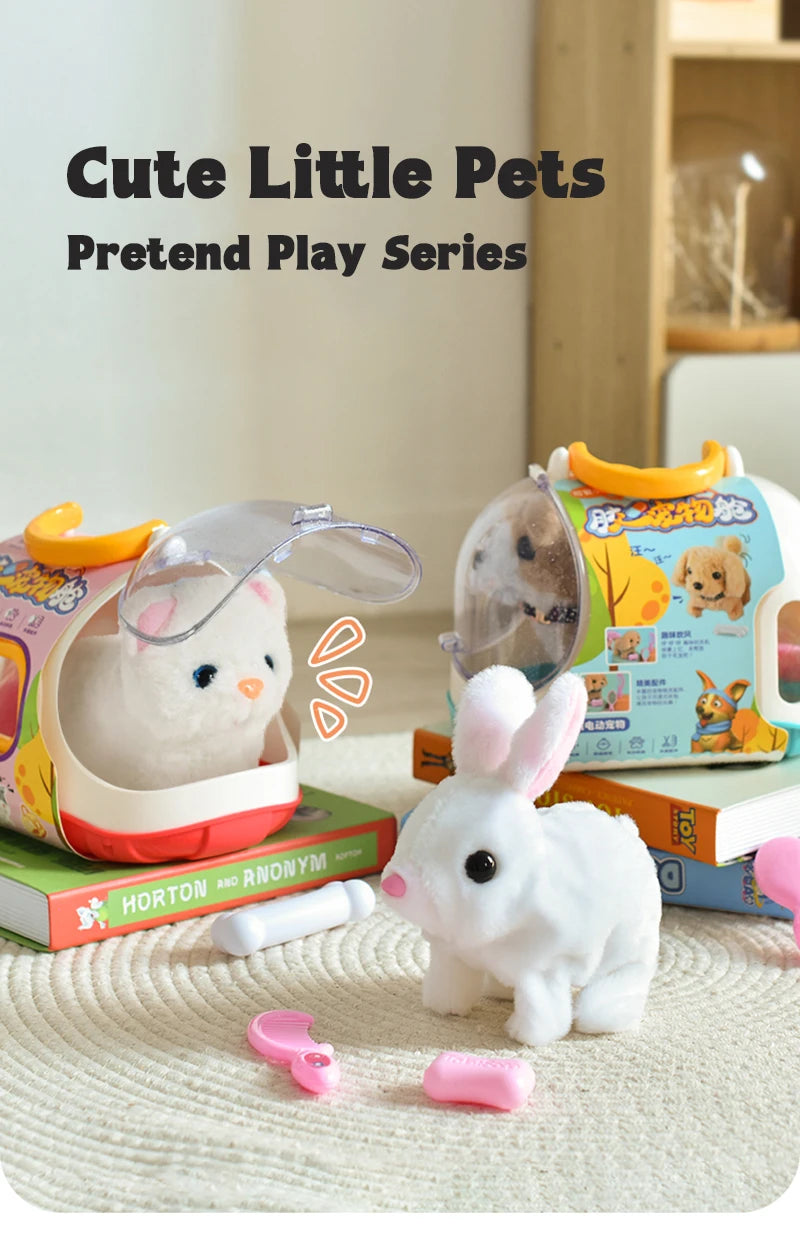 Children Pretend Play Pet Care Set Simulation Electric Plush Stuffed Dog Cat Rabbit Toy Walking Barking Education Toys for Girls