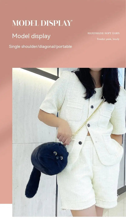 One Shoulder Bag Female Design Small Man Messenger Bag Versatile Hand Made Autumn and Winter Plush Cute Cat Bag