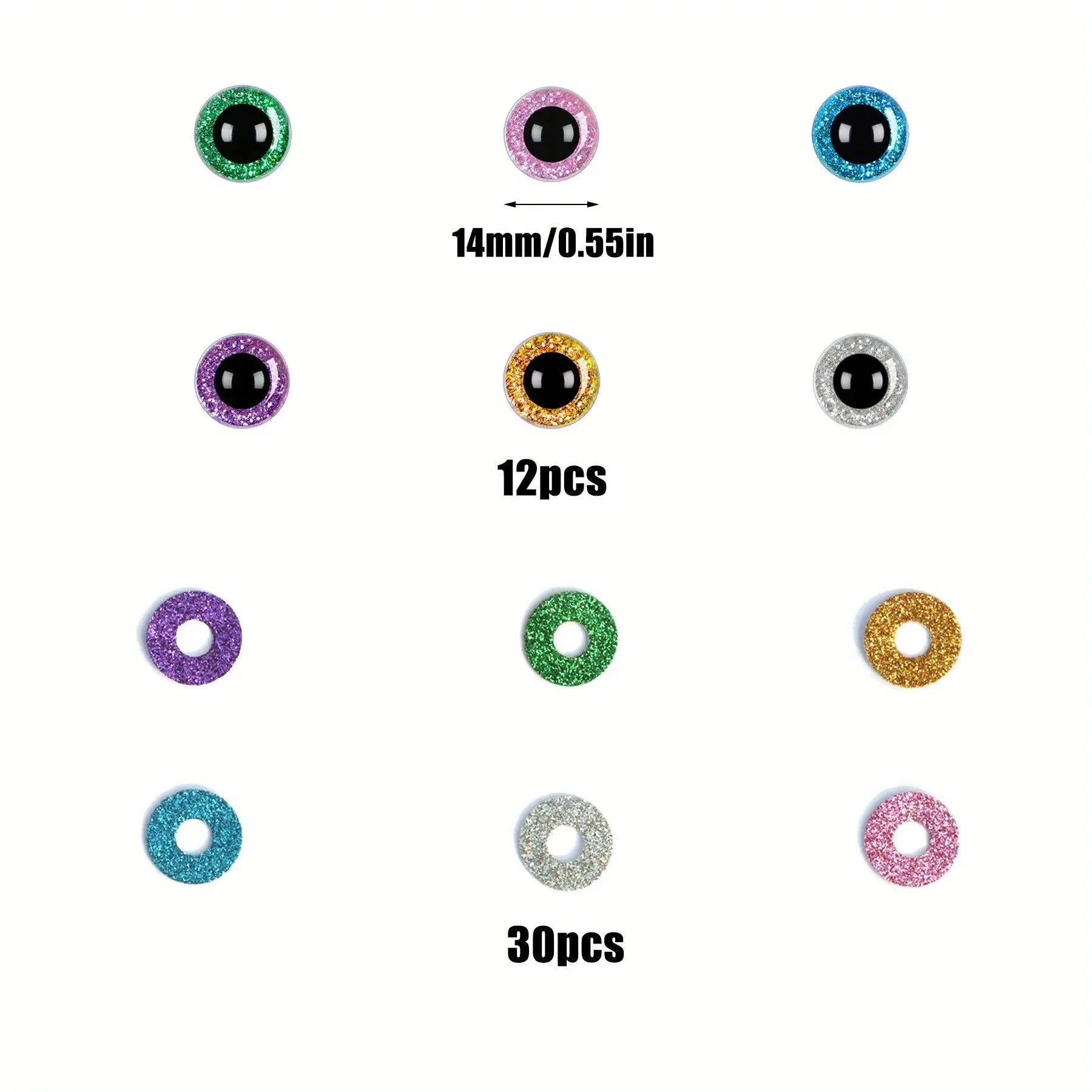 Sparkling Safety Eyes, 14-30mm Plastic Eyes for Stuffed Animal Toy Puppets, Woven Eyes for DIY Crafts