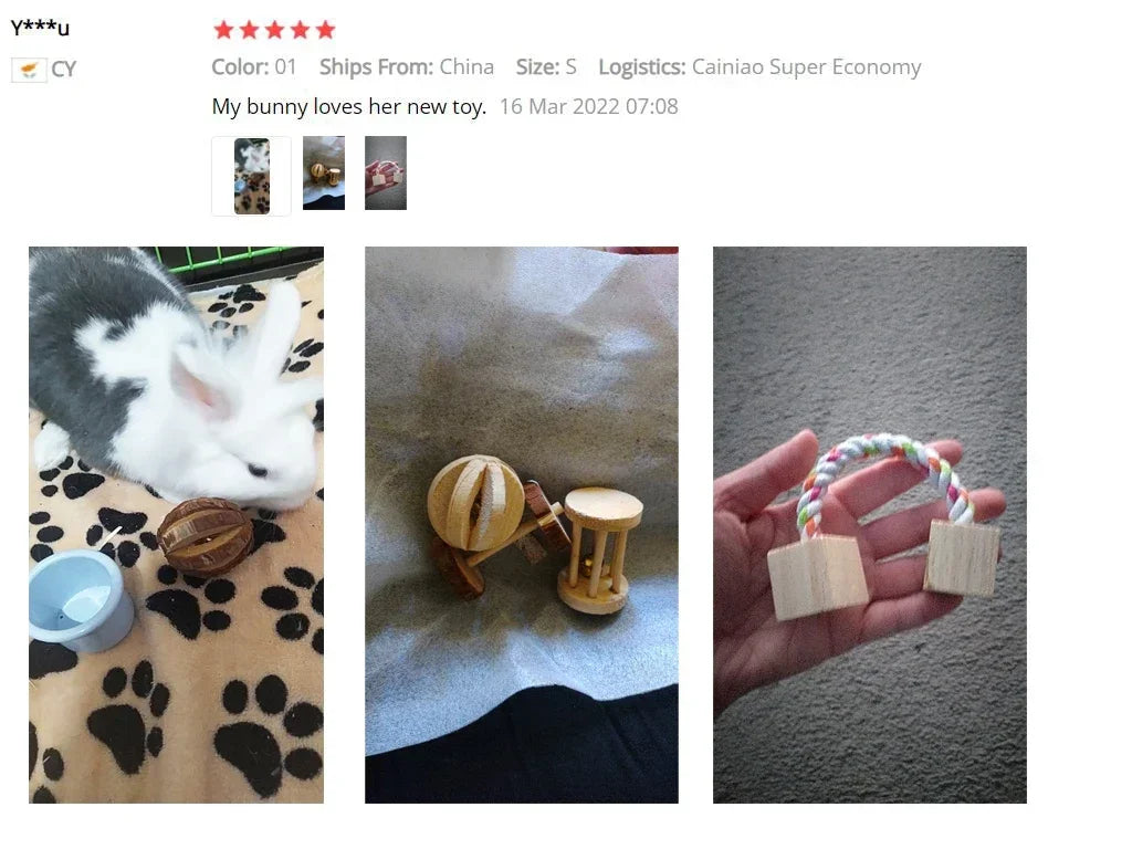 Cute Rabbit Roller Toys Natural Wooden Pine Dumbells Unicycle Bell Chew Toys for Guinea Pigs Rat Small Pet Molars Supplies