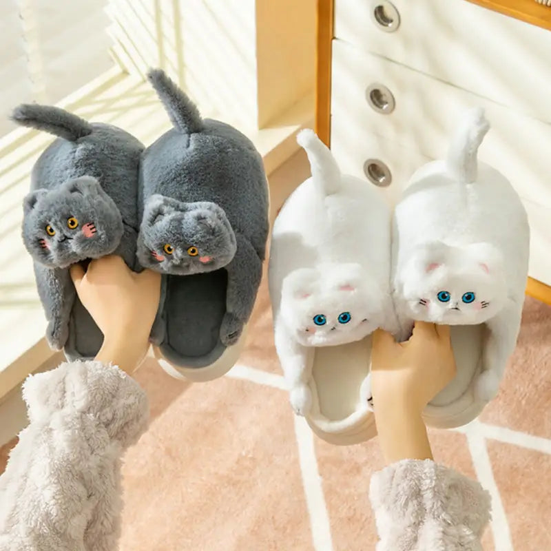 Footsie Cat Slippers Women's Winter Warm Shoes Free Shipping Funny Kitty Animal Slides Woman Fluffy Fur Mules Birthday Gift Toys