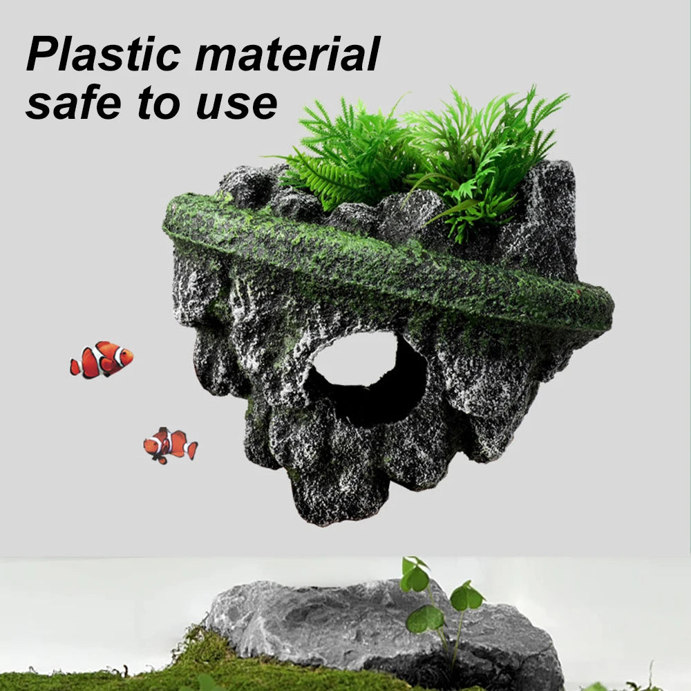 Suspended Island Fish Tank Decorative Creative Floating Stone Simulation Plants Caverns Crafts Ornaments Aquarium Accessories