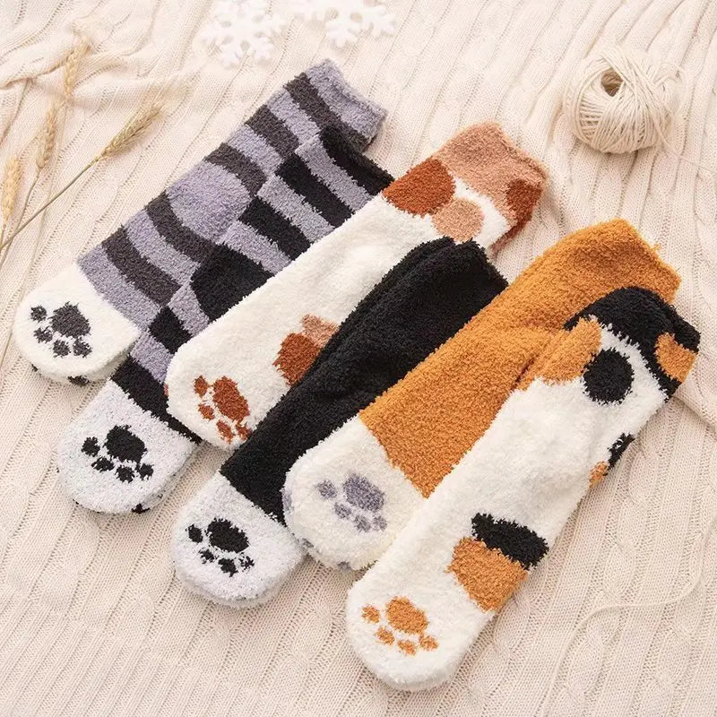 Women Winter Warm Fluffy Socks Cute Animal Claw Cat Paw Footprint Fuzzy Socks Female Thick Coral Fleece Home Floor Sleep Socks