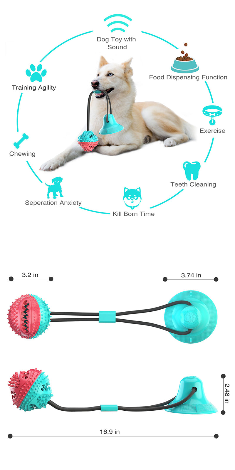 Large Dog Ball Toys Suction Cup Ropes Interactive Leaking Slow Feeder Chew Toy Toothing Clean Golden Retriever Big Pet Supplies