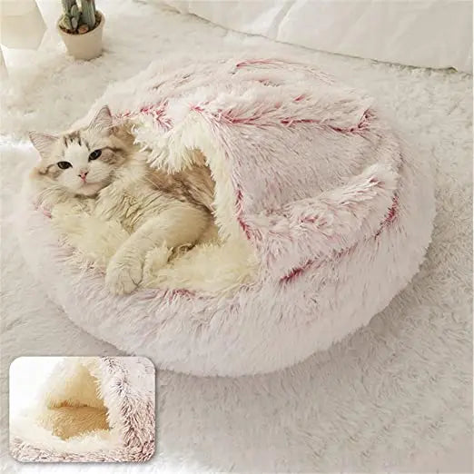 冬用ロングプラッシュペットキャットベッド ラウンドキャットクッションハウス 暖かいキャットバスケット キャットスリープバッグ キャットネストケンネル 2 in 1 小型犬 猫用