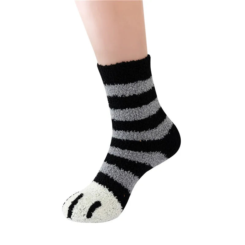 Women Winter Warm Fluffy Socks Cute Animal Claw Cat Paw Footprint Fuzzy Socks Female Thick Coral Fleece Home Floor Sleep Socks