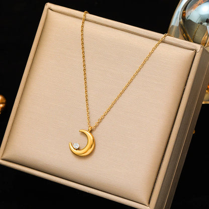 EILIECK 316L Stainless Steel Moon Pearl Zircon Puppy Pendant Necklace For Women Girl New Fashion Neck Chain Jewelry Gift Bijoux