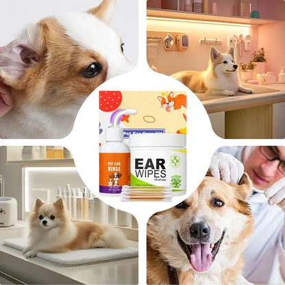 Pet Ear Cleaner 100X Puppy Ear Drops Cleaning Wipes Set Descaling Liquid 60ml For Home Travel Pet Care Supplies For Itch Relief