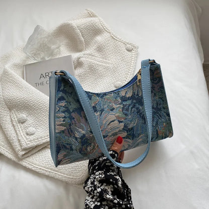 Fashion Vintage Women Oil Painting Design Shoulder Bags Ladies Simple Flower Female Armpit Hobos Bags Small Clutch Handbag Totes