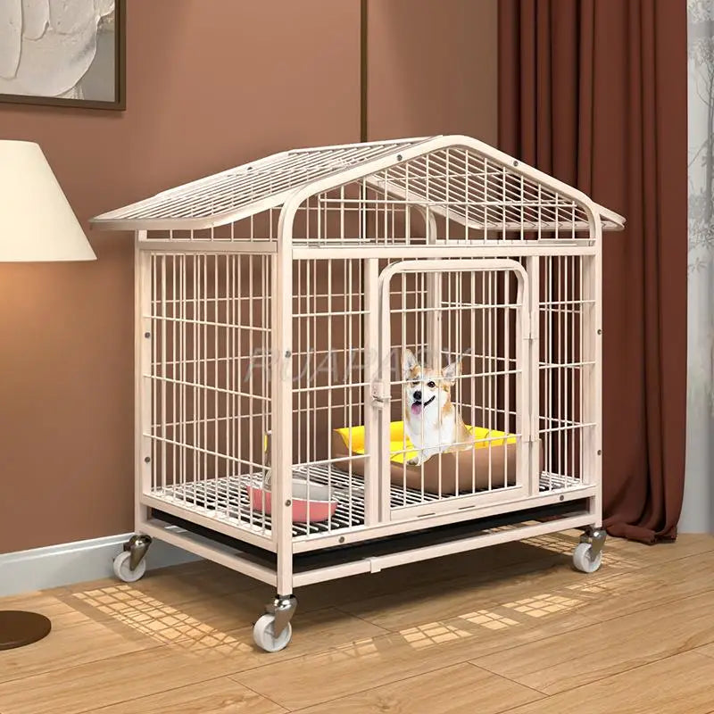 Movable Metal Dog Crate Pet Cages with Leak-Proof Pan Door Removable Tray Floor Protecting Wheel Dog Crate Furniture Indoor Use