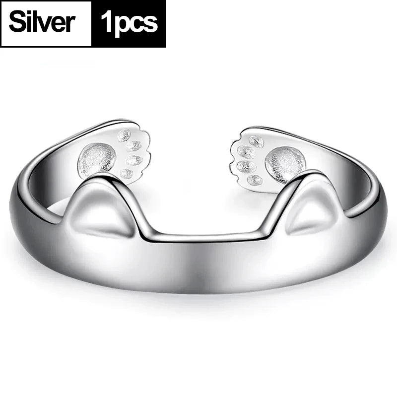 2pcs Y2K Cute Cat Paw Print Ring Women Girls Adjustable Cat Ears Paw Animal Finger Ring Couple Cartoon Little  Gift Jewelry