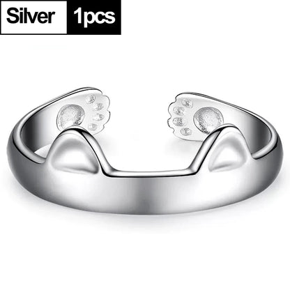 2pcs Y2K Cute Cat Paw Print Ring Women Girls Adjustable Cat Ears Paw Animal Finger Ring Couple Cartoon Little  Gift Jewelry