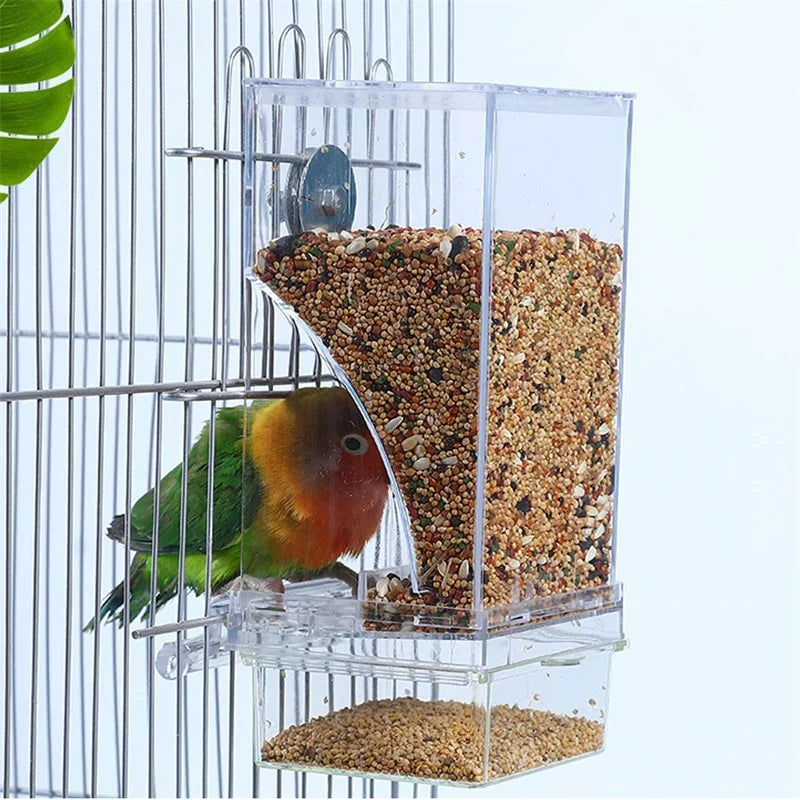 Mess Bird Cage Feeder Automatic Parrot Seed Feeders with Perch Acrylic Transparent Seed Food Container Cage Accessories