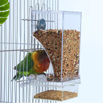 Mess Bird Cage Feeder Automatic Parrot Seed Feeders with Perch Acrylic Transparent Seed Food Container Cage Accessories