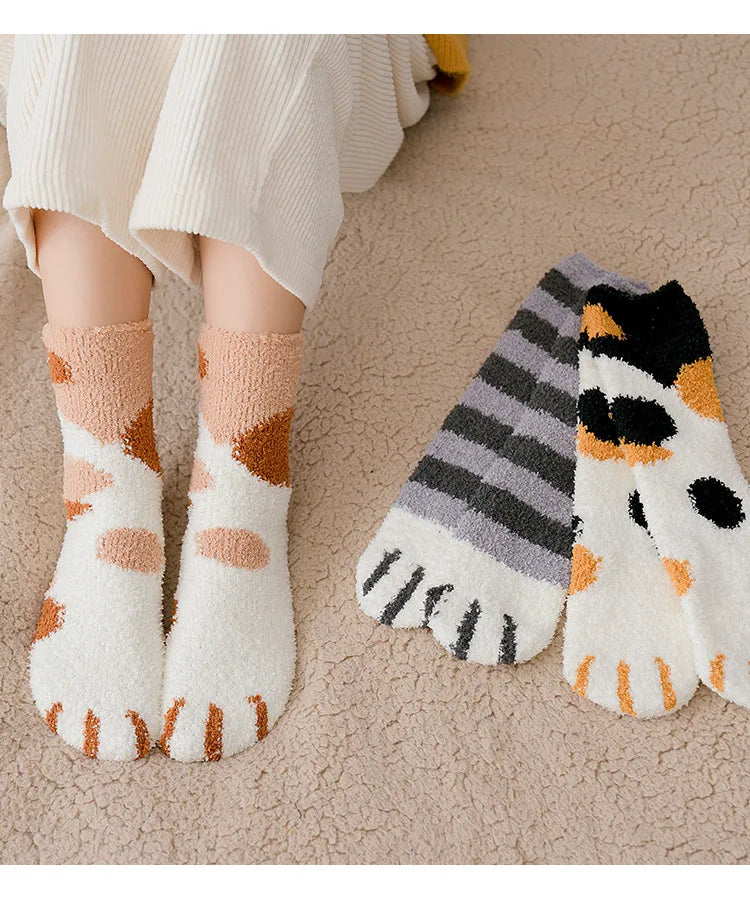 秋冬用コーラルベルベットソックス かわいい猫の爪ソックス レディース 子供 女の子 ミドルチューブ 厚手スリープソックス ホームフロアソックス