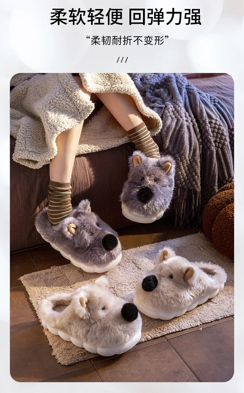 Comwarm Cute Dog Short Plush Slippers For Women 2024 Winter Warm Furry Cotton Shoes Couples Home Indoor Bedroom Cozy Slippers