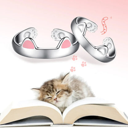 2pcs Y2K Cute Cat Paw Print Ring Women Girls Adjustable Cat Ears Paw Animal Finger Ring Couple Cartoon Little  Gift Jewelry